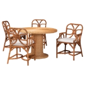 bali & pari Wade 5-Piece Rattan Dining Set - Round Wicker Table with Pedestal Base and 4 Armchairs, Handwoven Boho Coastal Style for Dining, Kitchen or Sun Room, Light Honey Baxton Studio restaurant furniture, hotel furniture, commercial furniture, wholesale dining room furniture, wholesale dining set, classic dining set